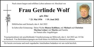Traueranzeige Gerlinde Wolf