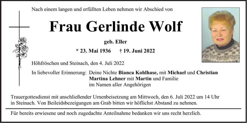 Traueranzeige Gerlinde Wolf