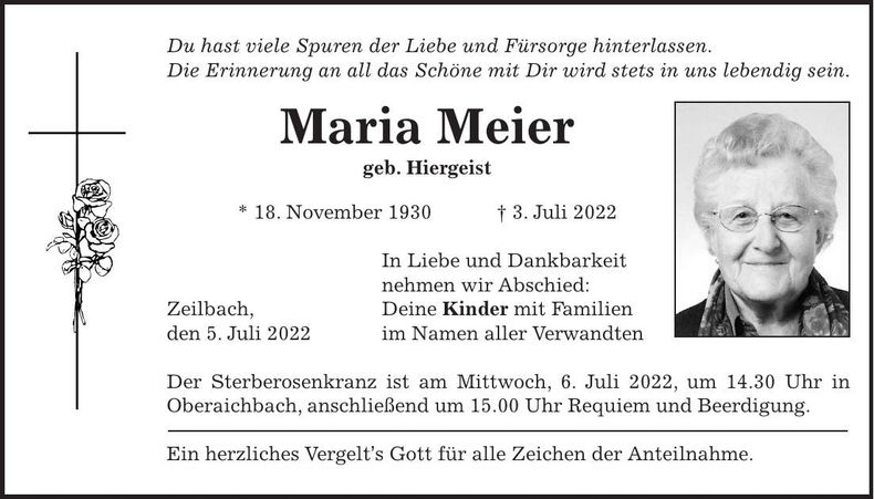 Traueranzeige Maria Meier