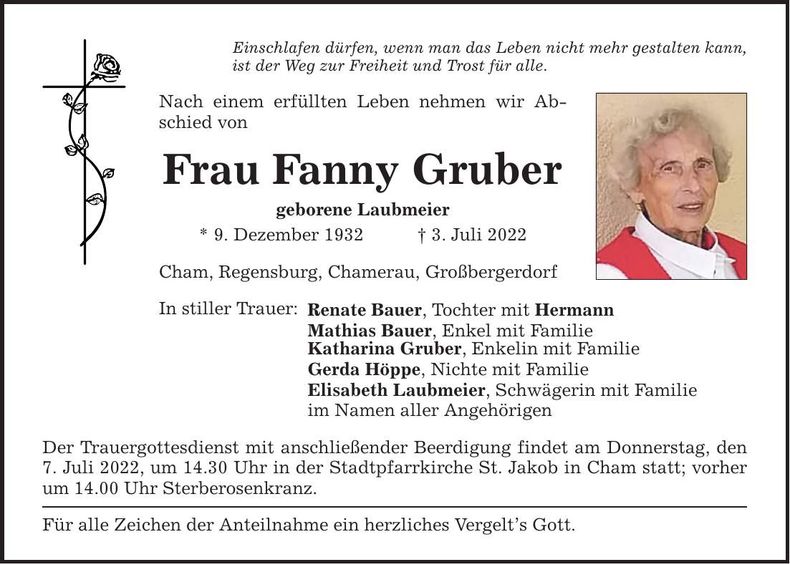 Traueranzeige Fanny Gruber