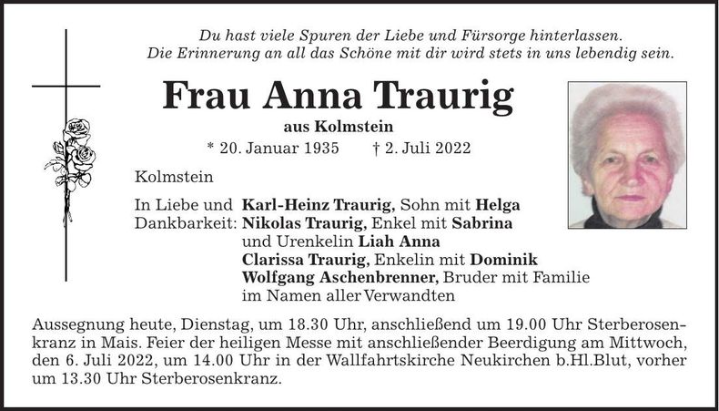 Traueranzeige Anna Traurig