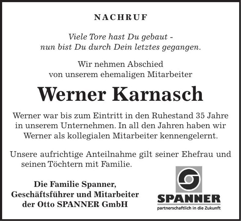 Traueranzeige Werner Karnasch