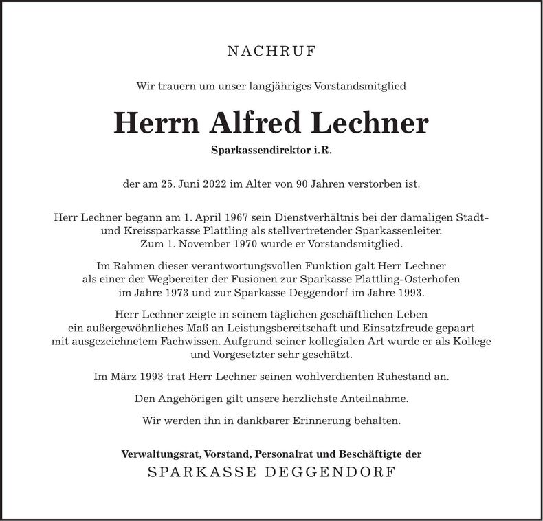 Traueranzeige Alfred Lechner
