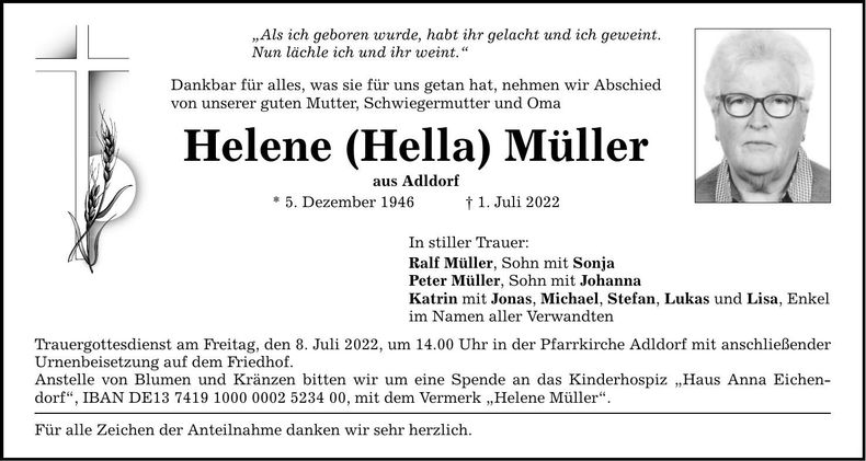 Traueranzeige Helene Müller