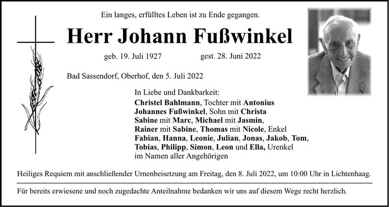 Traueranzeige Johann Fußwinkel
