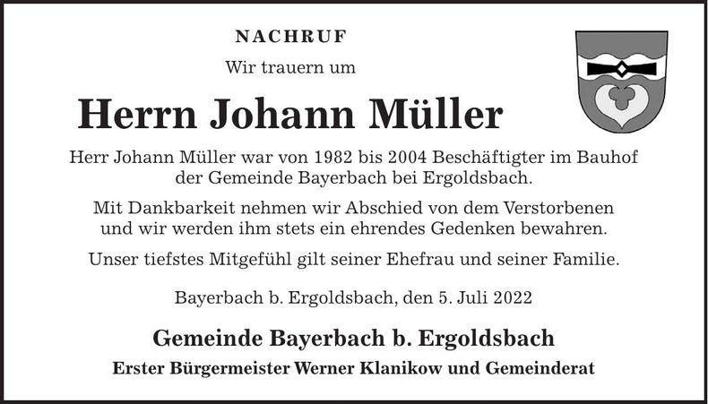 Traueranzeige Johann Müller