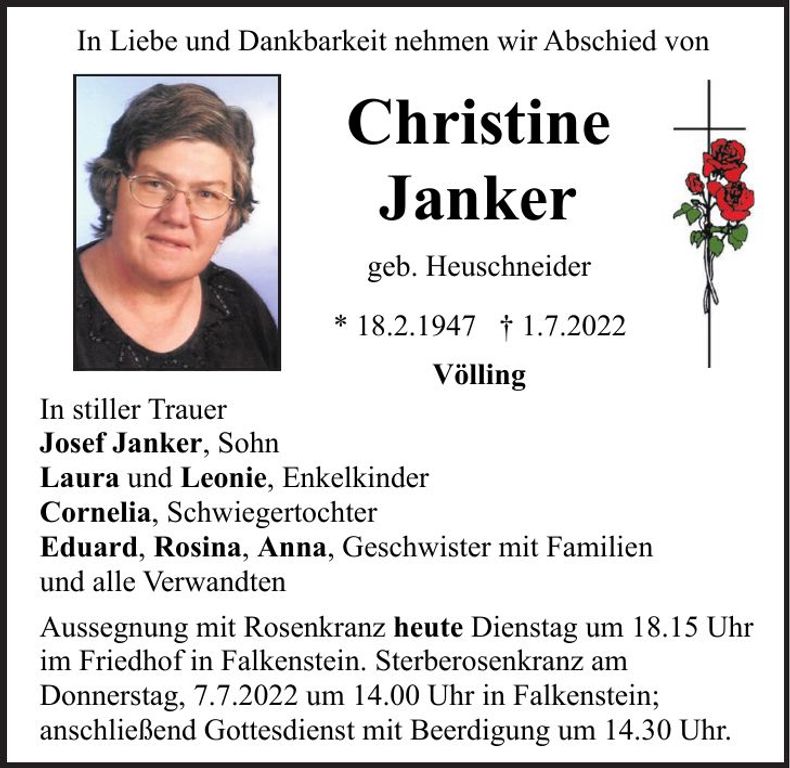 Traueranzeige Christine Janker
