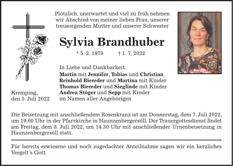 Traueranzeige Sylvia Brandhuber