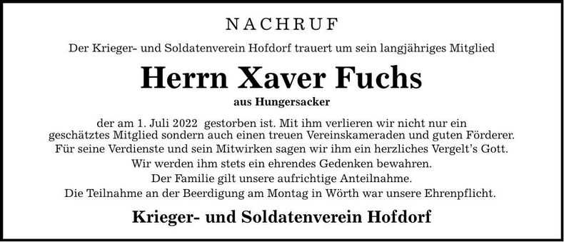Traueranzeige Xaver Fuchs