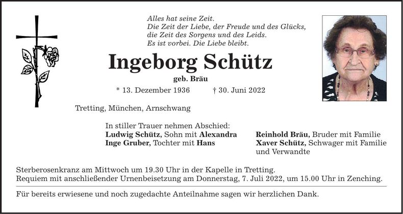 Traueranzeige Ingeborg Schütz