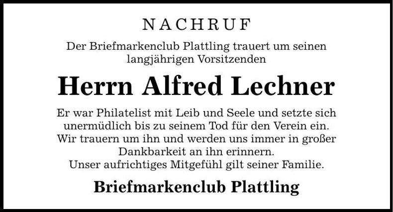 Traueranzeige Alfred Lechner