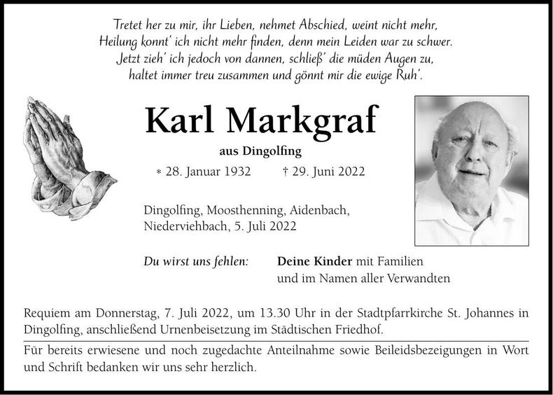 Traueranzeige Karl Markgraf