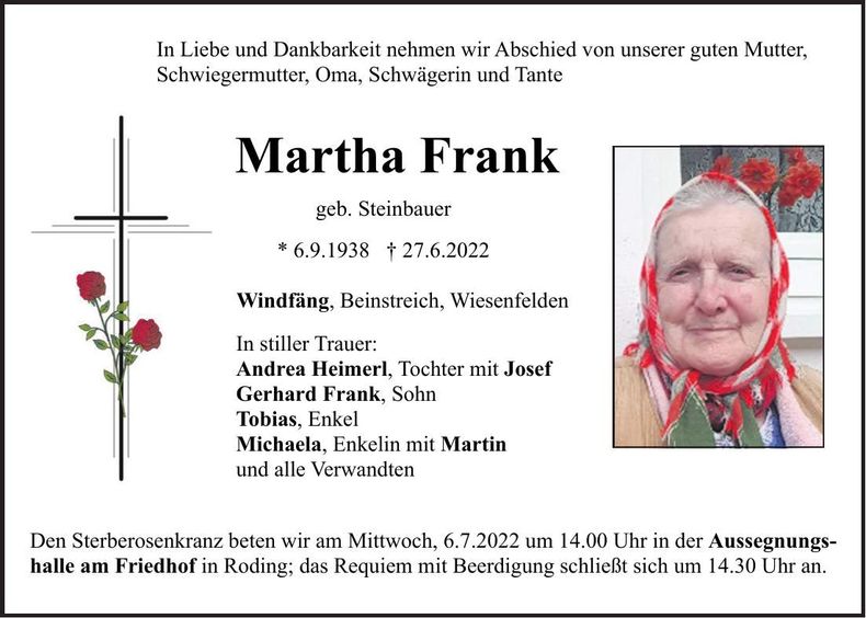 Traueranzeige Martha Frank
