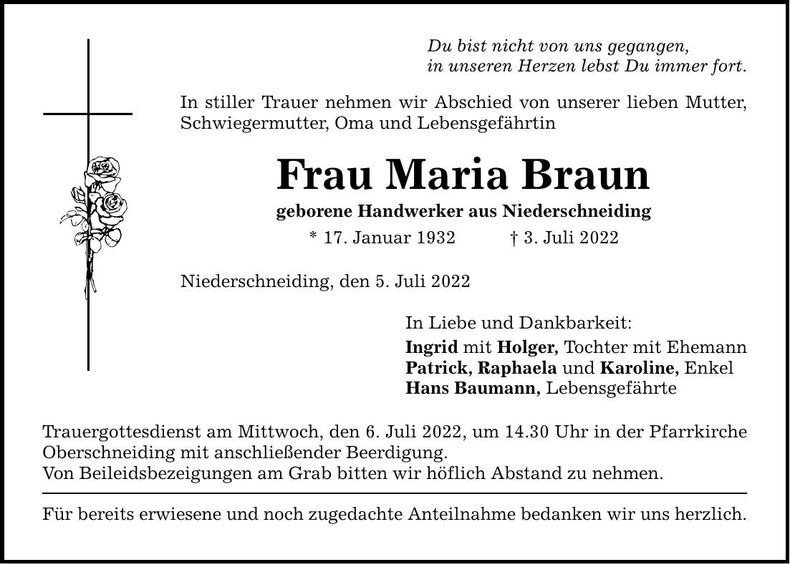 Traueranzeige Maria Braun