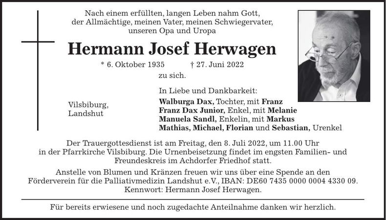 Traueranzeige Hermann Josef Herwagen