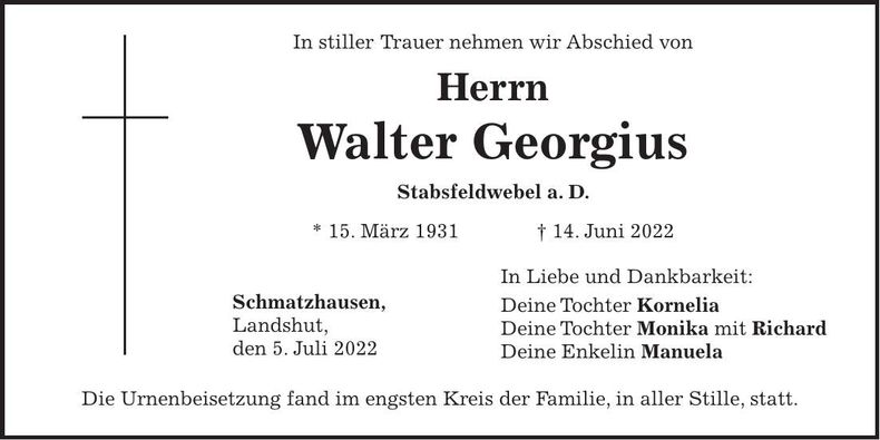 Traueranzeige Walter Georgius
