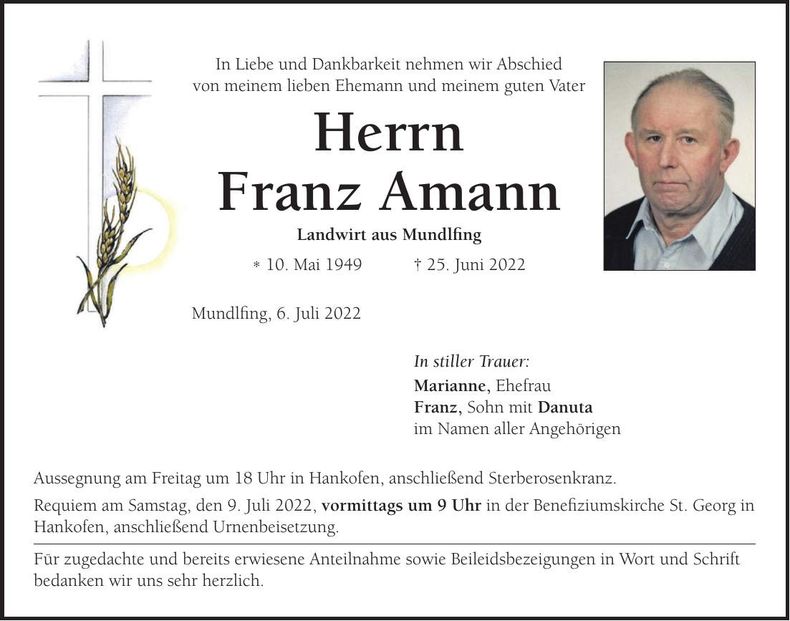 Traueranzeige Franz Amann