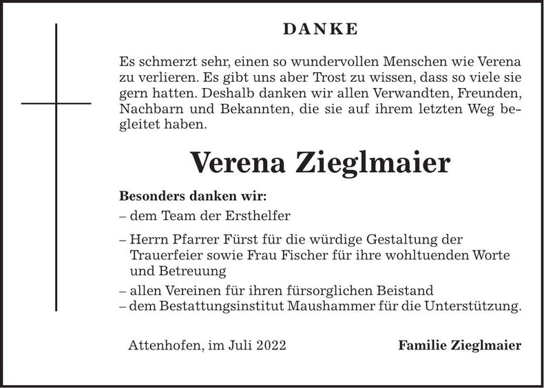 Traueranzeige Verena Zieglmaier
