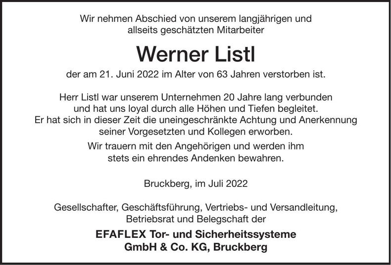 Traueranzeige Werner Listl