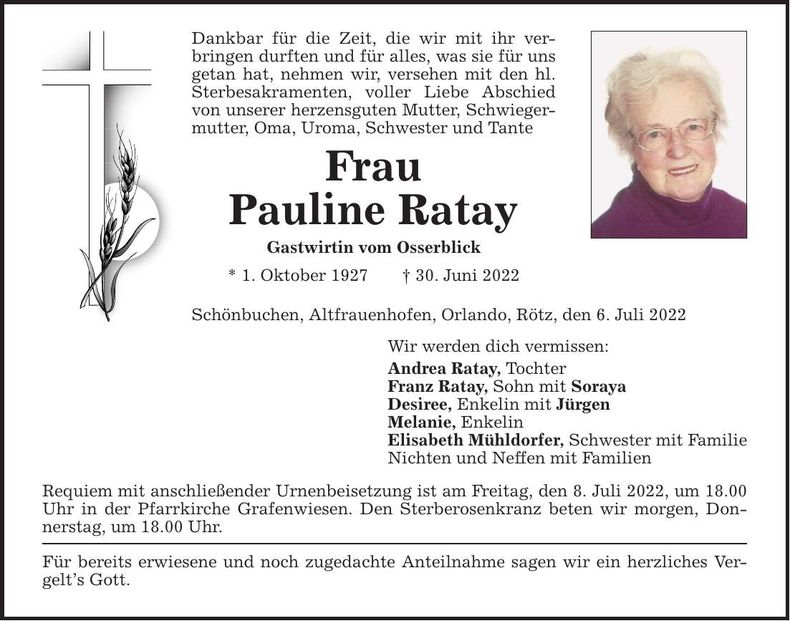 Traueranzeige Pauline Ratay