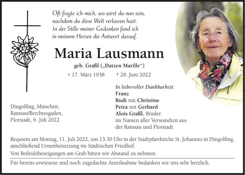Traueranzeige Maria Lausmann