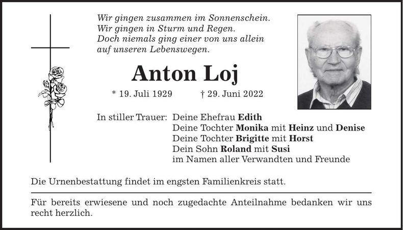 Traueranzeige Anton Loj