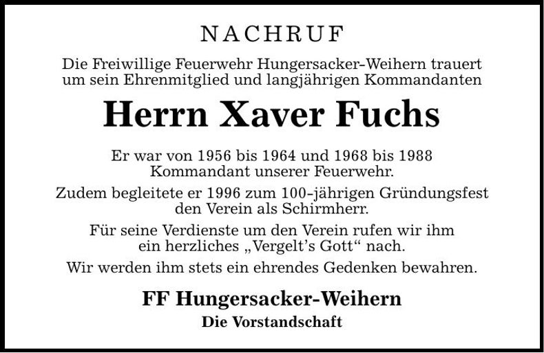 Traueranzeige Xaver Fuchs