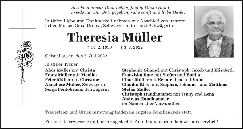 Traueranzeige Theresia Müller