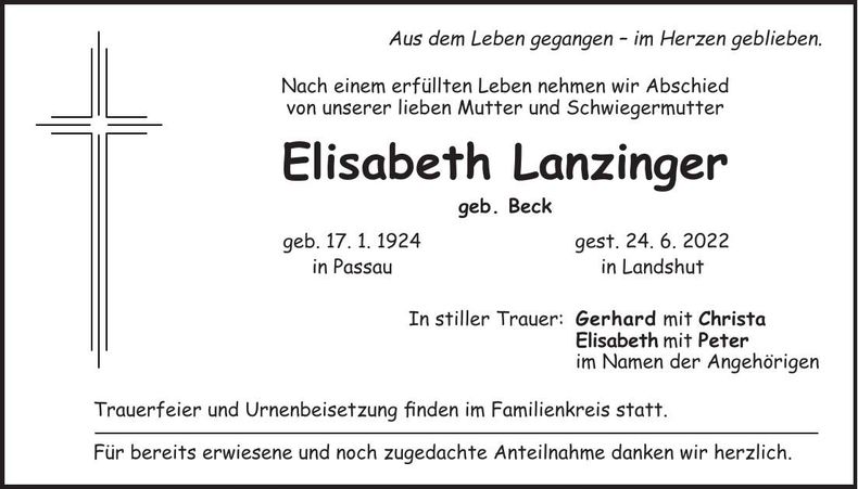 Traueranzeige Elisabeth Lanzinger