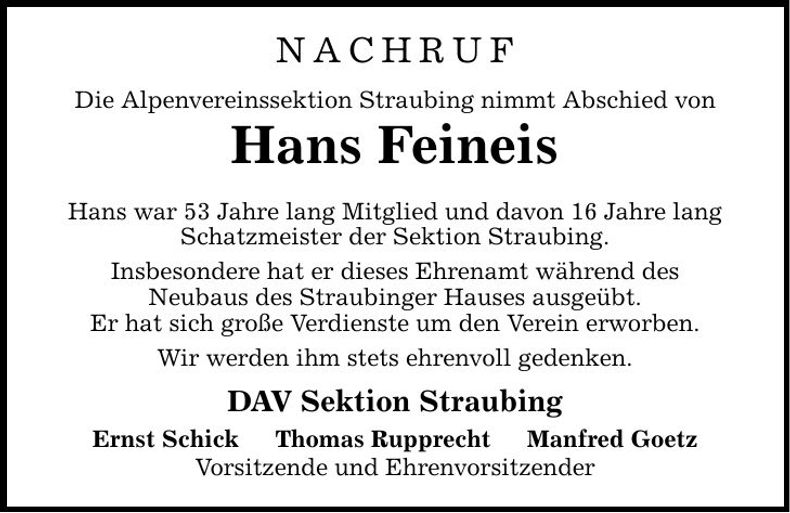 Traueranzeige Hans Feineis