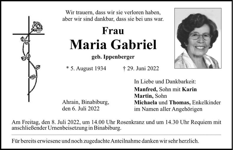 Traueranzeige Maria Gabriel