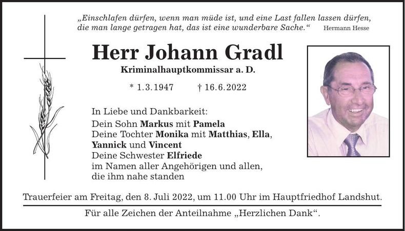 Traueranzeige Johann Gradl