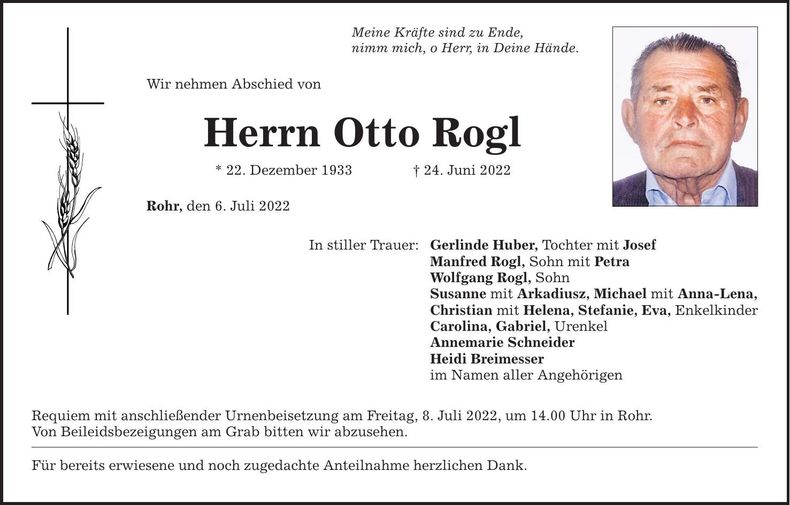 Traueranzeige Otto Rogl