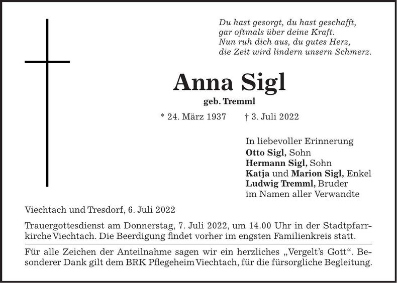 Traueranzeige Anna Sigl