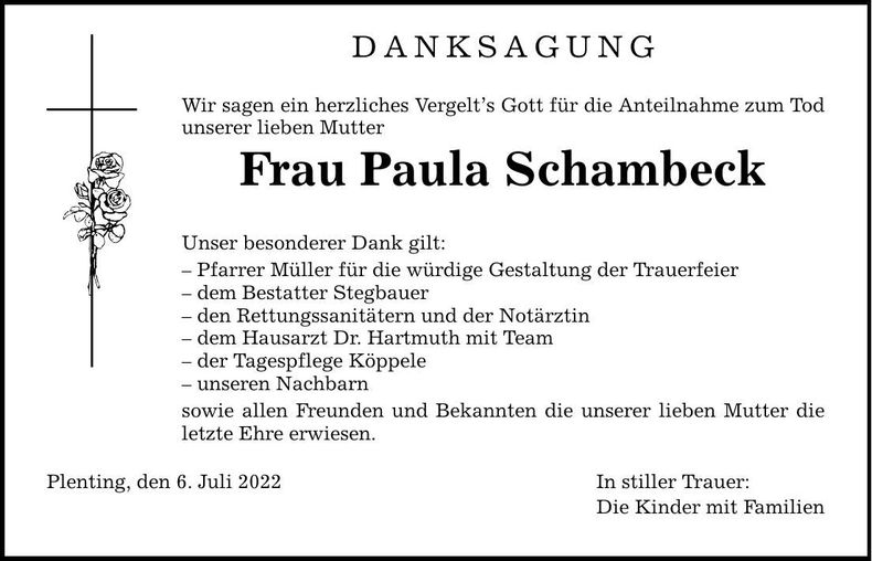 Traueranzeige Paula Schambeck