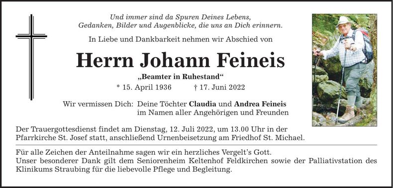 Traueranzeige Johann Feineis