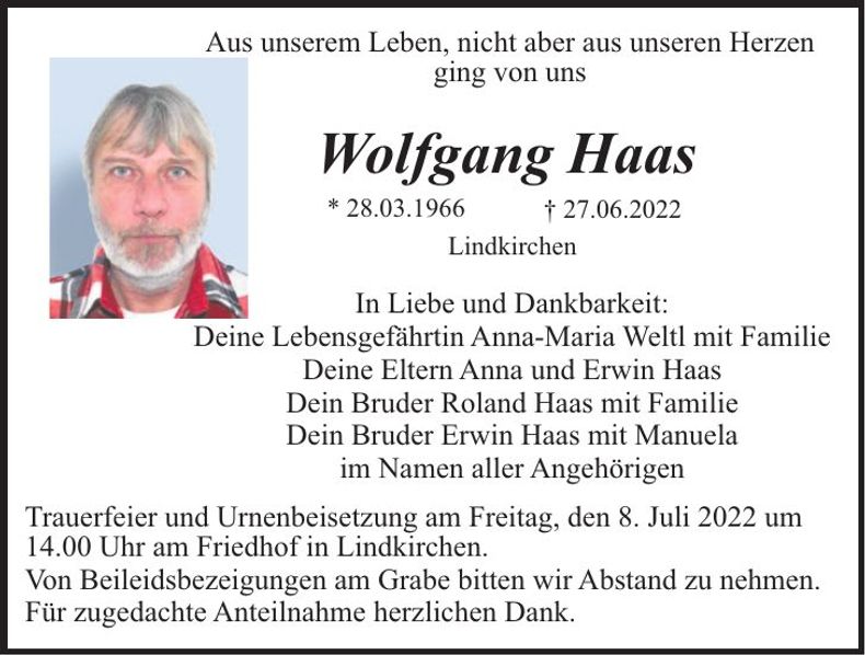 Traueranzeige Wolfgang Haas