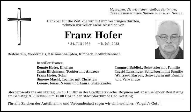 Traueranzeige Franz Hofer