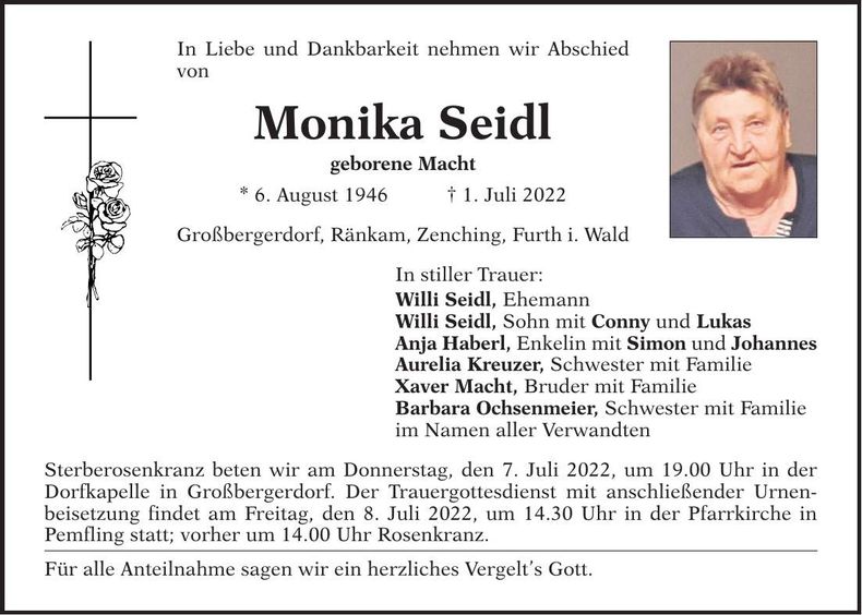 Traueranzeige Monika Seidl
