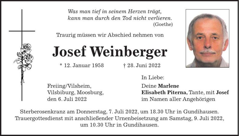 Traueranzeige Josef Weinberger