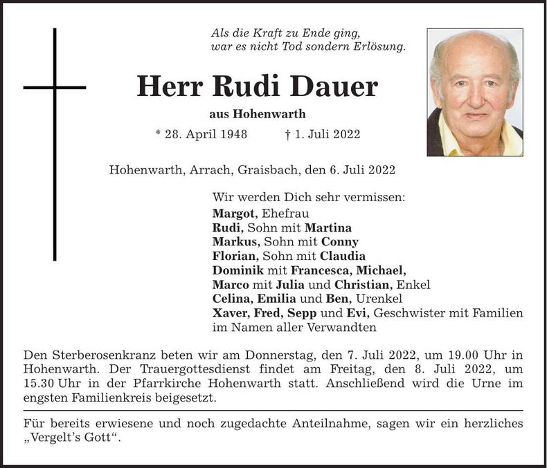 Traueranzeige Rudi Dauer