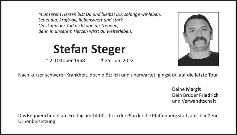 Traueranzeige Stefan Steger