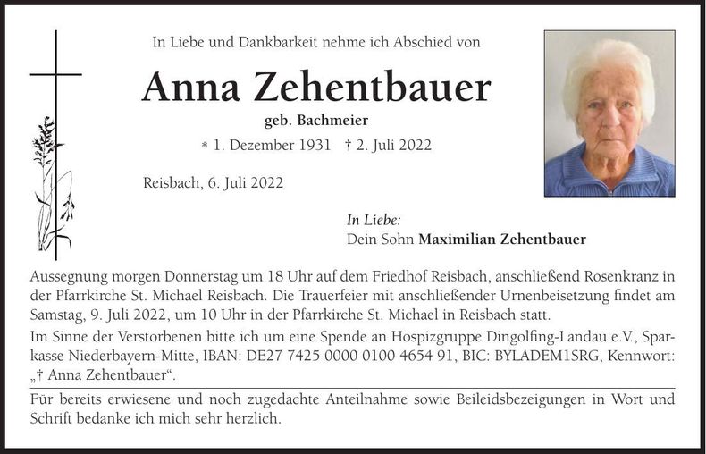 Traueranzeige Anna Zehentbauer
