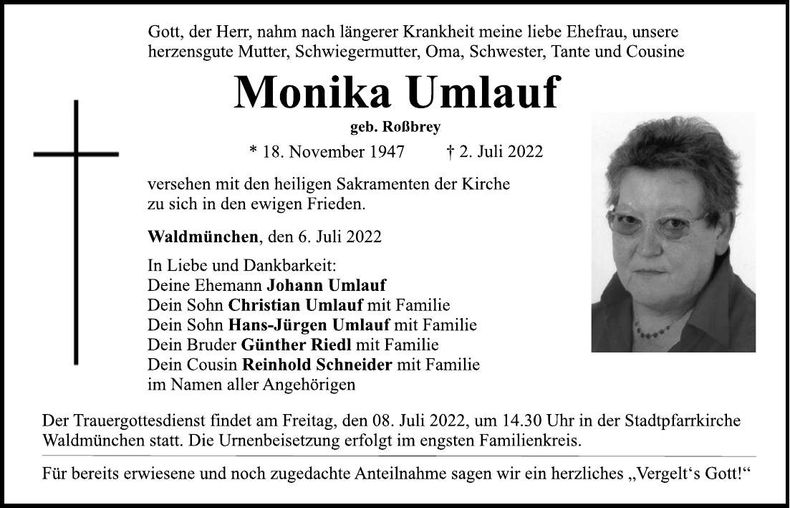 Traueranzeige Monika Umlauf