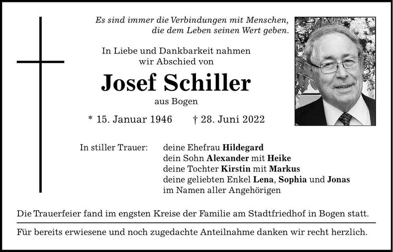 Traueranzeige Josef Schiller