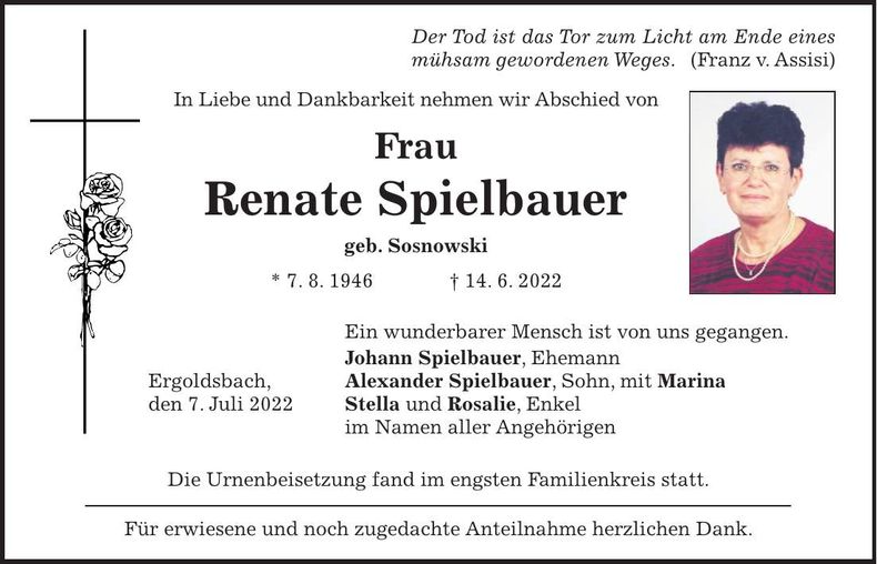 Traueranzeige Renate Spielbauer