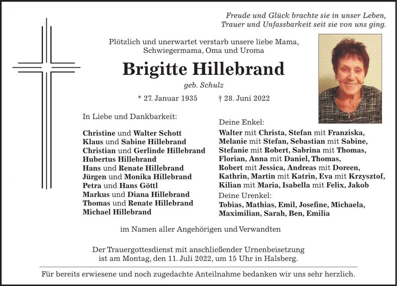 Traueranzeige Brigitte Hillebrand