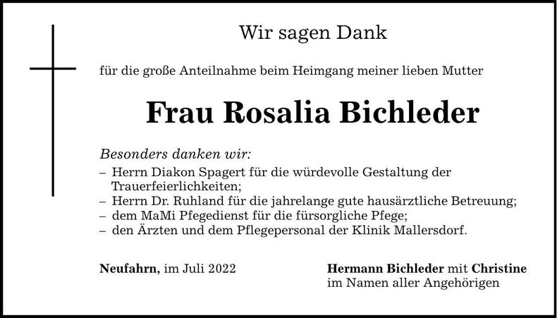 Traueranzeige Rosalia Bichleder