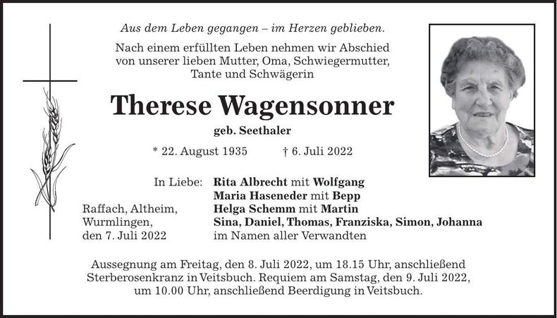 Traueranzeige Therese Wagensonnerq