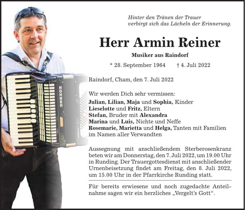 Traueranzeige Armin Reiner